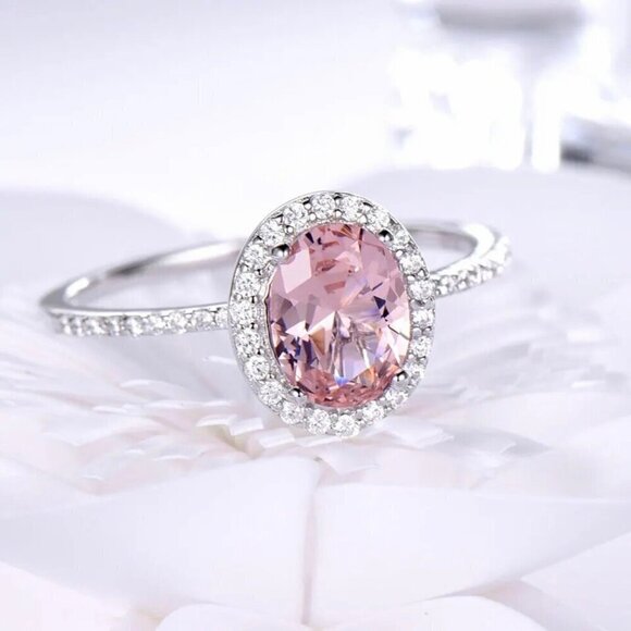 NWT Pink Sapphire Ring Sz.8 S925 Silver Halo Oval Solitaire Quiet Luxury Glam - Picture 4 of 10